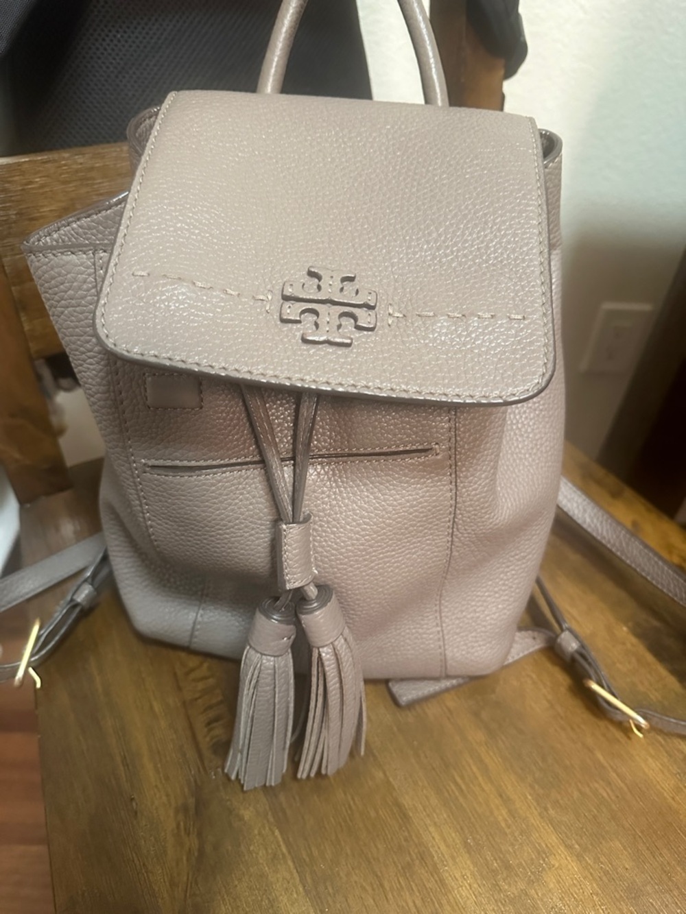 Tory Burch Light Taupe Pebbled Leather Mini Backpack with Tassels